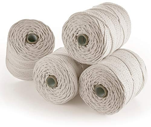 Corda in Macramè 4 mm 800 m 3 strand (4 rotoli da 200 m) - Filo in Cotone Naturale - Corda in Cotone Resistente 3 Strati - Macramè Acchiappasogni, Cestino Sospeso - naturale