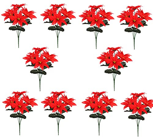Mokyler 10 Stück künstliche Weihnachtssterne Blumen Weihnachtsstern Dekoration rote Weihnachtssterne Seide Blumen künstlicher Blumenstrauß künstlicher Weihnachtsstern Blumen Zweig für Heimdekoration