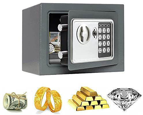 Petit Coffre fort de Securité Électronique 23×17×17cm, Coffre-fort Numérique avec Code PIN et 2 Clés, Coffre-Fort Mural pour Bijoux et Argent Liquide, Gris