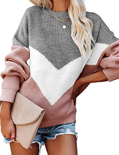 heekpek Maglione Oversize Donna Girocollo Invernale Maglione Lavorato a Maglia Donna con Pannello a Righe V Maniche Lunghe Casual Pullover per Autunno Inverno, Grigio, S