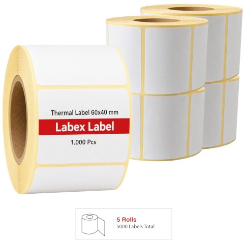Thermoetiketten 60x40 mm auf Rolle – Lageretiketten Kommissionierung – 5 Rollen 5000 Etiketten – Thermodirekt ohne Farbband – kompatibel mit Zebra, TSC, Godex – Labex Label
