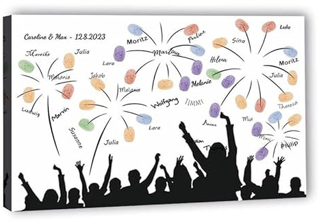 galleryy.net Fingerabdruck-Leinwand Hochzeit Leinwand 40x30 cm - Individuell mit Namen & Datum - INKL. Zubehör-set mit Stempelkissen, Stift und Hochzeitsbuch - Motiv - Feuerwerk