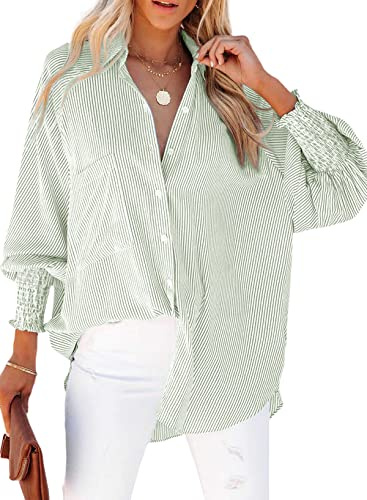 Womens Smocked Cuffed Striped Boyfriend Shirt Casual Collar Long Sleeve Oversized Button Down Blouse Tops with Pocket Shirred Light Green