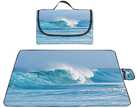 TengYuer Picknickdecke 180x200cm Stranddecke Wasserdicht Sandfrei Isoliert Faltbar Strandmatte mit Tragegriff Outdoor Campingdecke XXL für Camping Parks Strände Picknick Blaue Riesenwellen