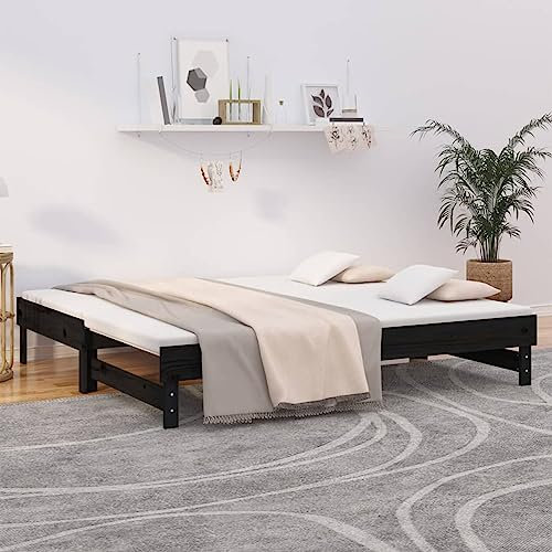 Homgoday Dormeuse ausziehbar, schwarz, 2 x (90 x 190 cm) aus massivem Kiefernholz, Schlafsofa, modernes Sofa, Outdoor-Sofa für den Garten, Loungesofa, Outdoor-Möbel für den Garten