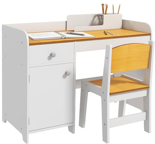 ZONEKIZ Tavolo Scrivania per Bambini con Sedia in Legno 3-6 Anni Bianco