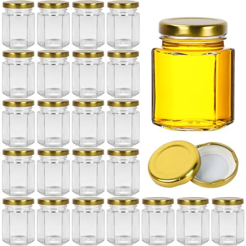 Yishik Sechseckige Einmachgläser mit goldfarbenem Deckel, 90 ml, 24 Stück, kleine Einmachgläser für Marmeladen, Gewürze, Süßigkeiten, Babynahrung, Hochzeitsgeschenke oder Kunsthandwerk