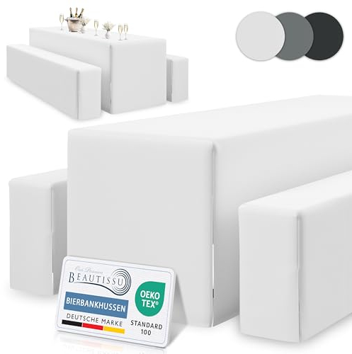 Beautissu Edles 3tlg Biertischhussen Set Blickdicht 50cm oder 70cm Bierzeltgarnitur – Dicker Stoff Knitterfrei Bierbankauflagen Bodenlang – Biertischhusse Bierbankhusse Biertisch – 220x70cm Weiß