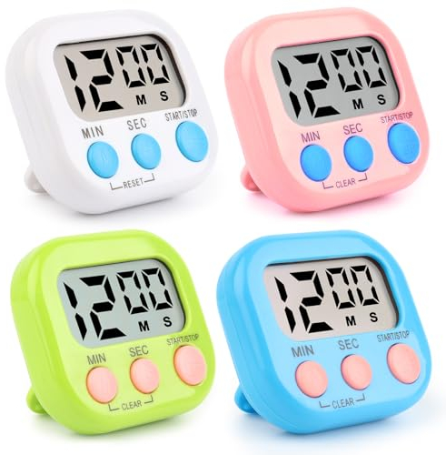 VFANDV Eieruhr Digital 4 Stück, Magnetische Stoppuhr Küchentimer Kleine Kinder Zeitschaltuhr mit Einklappbarer Ständer Countdown Kurzzeitwecker Digitaler Timer für Küche Schule Sport (4 Farben-002)