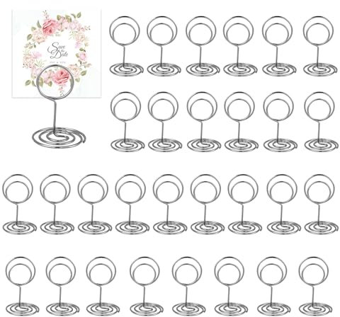 JRYGAC 30 Piezas Plata Soportes para Números de Mesa, Soporte Fotos de Metal, Soportes para Tarjetas, Soporte para Mensajes, para Restaurantes Bodas Banquetes Fiestas Celebraciones (Redondo)