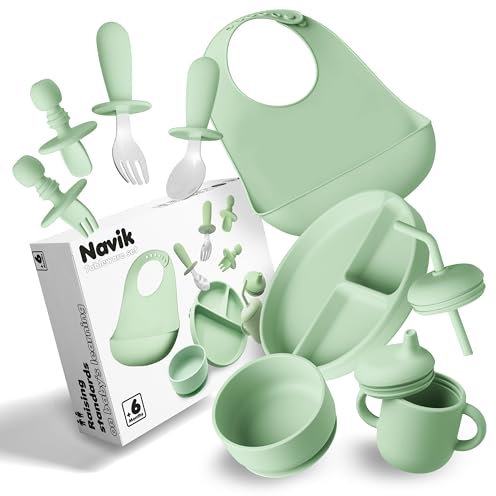 Navik | Coffret repas bebe 10 pièces | Assiette ventouse pour bébé | Tasse apprentissage bebe | Bol et bavoir | Couverts bébés | Vert