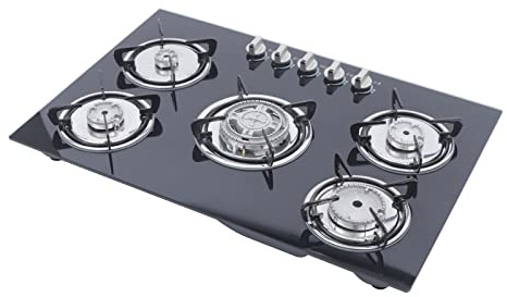 Cocina de gas integrada de 5 fuegos, cocina de gas, vitrocerámica para gas natural propano, para cocina doméstica o comercial, color negro