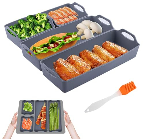 GAESHOW Silicone Baking Tray Dividers, 4pcs Silicone Baking Sheets Pan Dividers, Nonstick Tray Baking Tray Oven Tray Set with Oil Brush for Roasting and Cooking, Dishwasher Safe