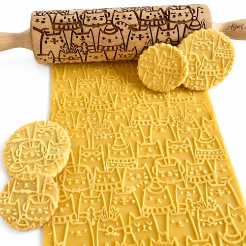 Nudelholz mit LUSTIGE KATZEN- Prägung für DIY Kekse & Keramik. Teigrolle mit Kätzchen-Muster, strukturierte Teigwalze für Backen und Ton von Algis Crafts