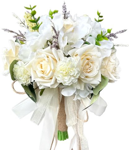 Wedding Bouquets for Bride Bridesmaid,Large Big Bridal Bouquet White Champagne Ivory Artificial Fake Silk Roses Flowers for Wedding French Vintage Boho Rustic Church Decoration Toss Bouquet (9.5in(L))