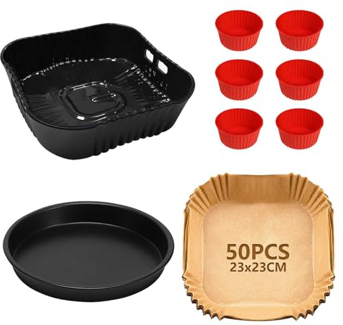 YINGRACE 23CM Heißluftfritteuse Zubehör XXL für COSORI 6,4L, 6,2L, 6L, Russell Hobbs 8L 8,3L, 4PCS Airfryer Zubehör mit Pizzapfanne Muffinform Backpapier Silikonform für Heißluftfritteuse