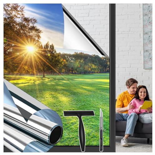 Niviy Spiegelfolie Fensterfolie Bickdicht Tageszeit Sichtschutz von außen 105x400cm Selbstklebend ohne Rückstände UV-Schutz und Hitzeschutz Sonnenschutz Folie für Wohnung und Büro Silber