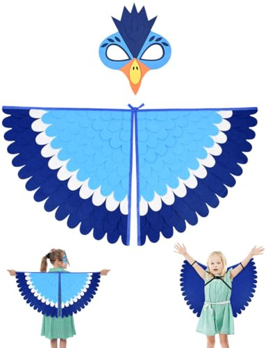 URAQT Vogelflügel Kostüm Kinder, Irisierend Flügel Umhang mit Filzaugen Maske Set, Buntes Vogeleule Verkleiden für Jungen Mädchen, Halloween Karneval Cosplay Party