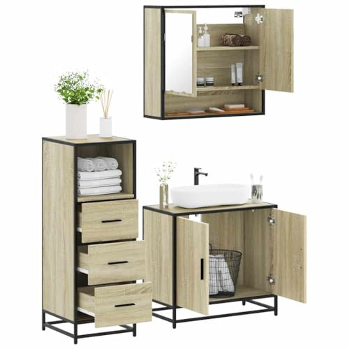 Snsowed Set Mobili da Bagno 3 pz Rovere Sonoma in Legno Multistrato,Set Arredo Bagno,Set Mobili da Bagno Completo,Bagno Completo Moderno-3301036