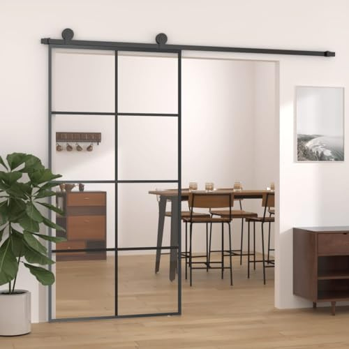 Refined Puerta corredera vidrio ESG y aluminio negro 102,5x205 cm Negro Transparente