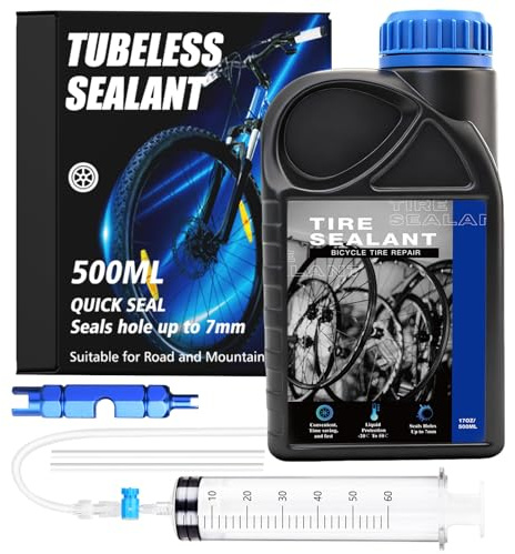 Scalnuvyyh Tubeless Tyre Sealant, 500ml Tubeless Sealant Fast Seals Air Holes Up to 7 mm, Long-lasting Tyre sealant with Tubeless Sealant Injector Suitable for Mountain Bike and Road Bike Tires