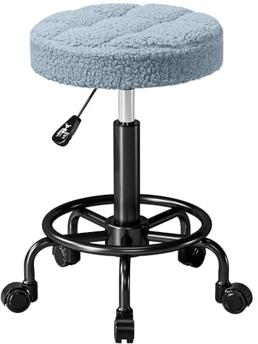 HOMCOM Taburete Giratorio Redondo Taburete con Ruedas Altura Regulable 50-66 cm Asiento Tapizado en Tejido de Borreguito para Salones Talleres SPA Masaje Azul