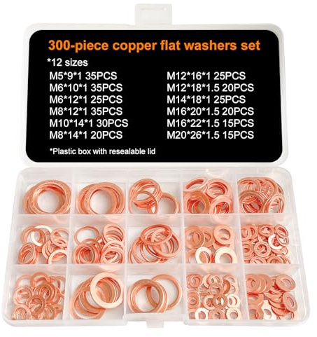 300 PCS Copper Sealing Rings Assortment Set, 12 Sizes Copper Metric Flat Sealing Washers Kit, Flat Washers Kit,Sump Plug Gasket Crush Washer Assortment,with Storage Box,M5 M6 M8 M10 M12 M14 M16 M20