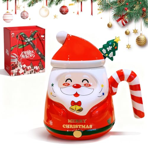 Tasse de Noël, Tasse à Café de Noël en Céramique 450ML, Mugs de Noel avec Boîte Cadeau, Merry Christmas Mug Set avec Couvercle et Cuillère - Design Mignon & Christmas Patterns, Cadeau de Noel - Rouge