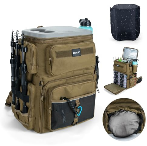 Goture Angelrucksack 66L wasserdicht, 600D Oxford, 3 Rutenhalter | Doppelstöckig mit Exklusivem Fachkonzept, Isolierschicht, Regenschutz & EVA-Bezug – ideal für lange Angeltouren