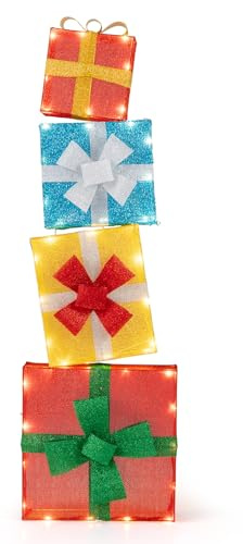FANTASK 120 cm große LED Geschenkboxen, beleuchtete Weihnachtenbox, 4 stapelbare Weihnacht Dekoboxen mit 48 warmweißen Lichtern, Weihnachtsfigur für außen, innen