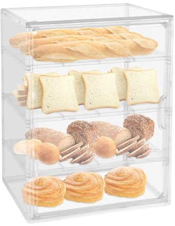 Panera acrílica transparente de 4 niveles, puerta magnética y asa, divisores extraíbles, a prueba de polvo, para panadería, café y cocina, expositor de pan transparente