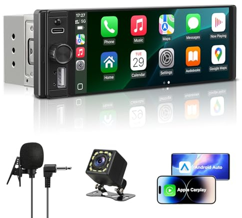 Single Din Radio Car Stereo with Apple CarPlay & Android Auto, 6.28 Inch HD Touch CarPlay Screen, Backup Cam,Bluetooth, MP5,USB Type-C, SWC, EQ, FM Radio (with External Mic)