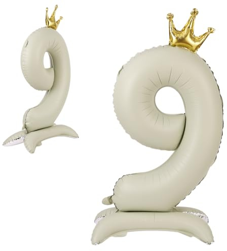 APXEL Ballon d'Anniversaire 9 Blanc Cassé, Foil Ballon Numéro Chiffre 106cm, Ballons Debout Gonflable Hélium, Deco Anniversaire 9 Ans Grand Ballons avec Base et Couronne pour Fête Party Mariage