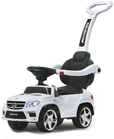 JAMARA 460244 - Rutscher Mercedes GL63AMG weiß 2in1 – Kippschutz, Kunstledersitz, Kofferraum, Schub- und Haltestange mit Rückenlehne/Schutzbügel, Scheinwerfer vorne/hinten, Motorsound, Hupe, Musik