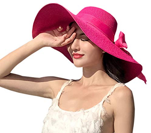 Elonglin Damen Sonnenhut Faltbarer Sommerhut UPF 50 + Strohhut Strandhut mit Breite Krempe Rosa Kopfumfang 55-60cm Verstellbar