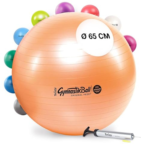 PEZZI - Gymnastikball Original Pezziball MAXAFE 65cm Ø mit Tonkey Handpumpe – Sitzball für Therapie, Sport & Büro - Universeller Trainingsball aus Flexton Silpower® belastbar bis 400 kg – Kupfer