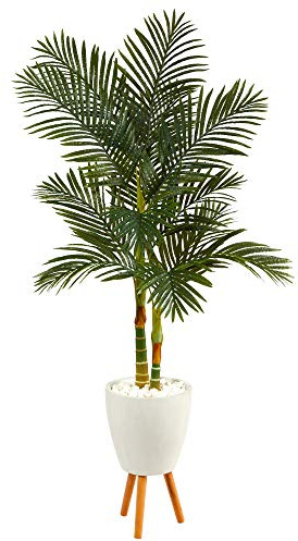 Nearly Natural 70in. Golden Cane Artificial Palm Tree in White Planter with Stand
