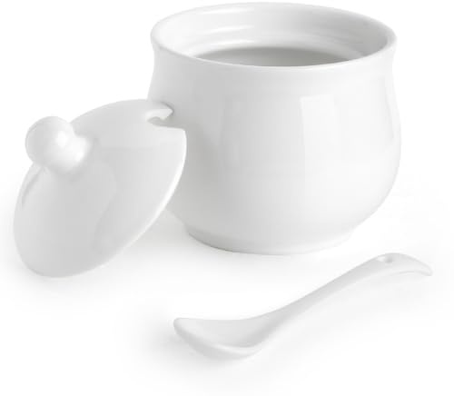 Swetwiny Ceramic Sugar Bowl with Lid and Spoon, Porcelain Salt Storage Jar, White Seasoning Container for Home and Kitchen, 7 Ounces (White)