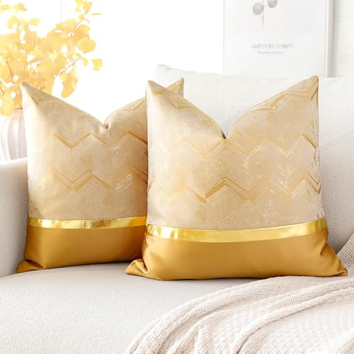 Artscope 2er Set Kissenbezug für Sofa Auto Schlafzimmer Luxuriöser Moderne Minimalist Goldenen Ledernähten Wellenstreifen Dekokissen Kissenhülle Kissen Fall 40x40cm (Golden)