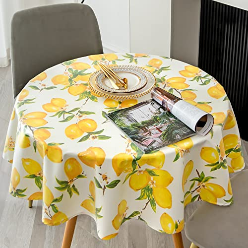 PUDSIRN Tischdecke Lemon Frühling Sommer, gelb, Polyester, schmutzabweisend, wasserdicht, Picknick Küche (rund 140 cm)