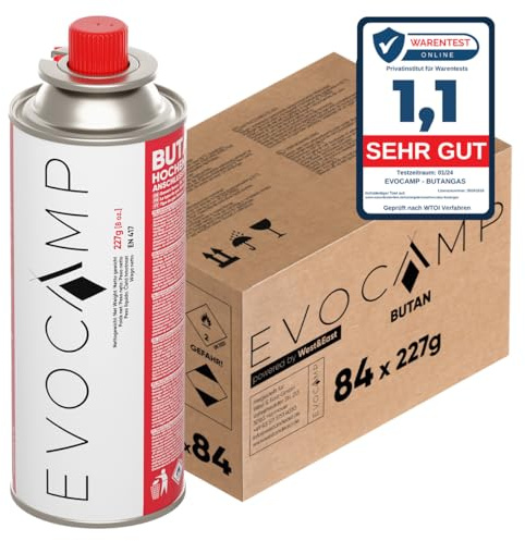 EVOCAMP 84x Stück Butan Gaskartuschen 227g Typ MSF-1a Bajonett Ventil ideal für Campingkocher, Gasheizung, Unkrautbrenner, Camping Gas Butangas Kartusche, Universaldruckgasdose für Camping und BBQ