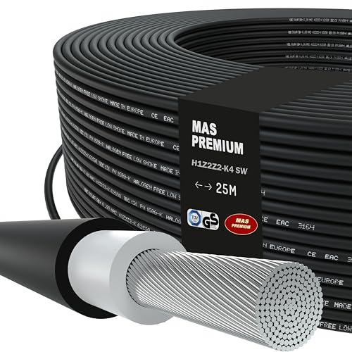 MAS Premium Solarkabel H1Z2Z2-K 4 6 10 mm² Solarleitung TÜV-2 Halogenfrei doppelt isoliert Frei bewegliche oder feste Verlegung in Photovoltaikanlagen 5-200m (H1Z2Z2-K 4, Schwarz, 25m)
