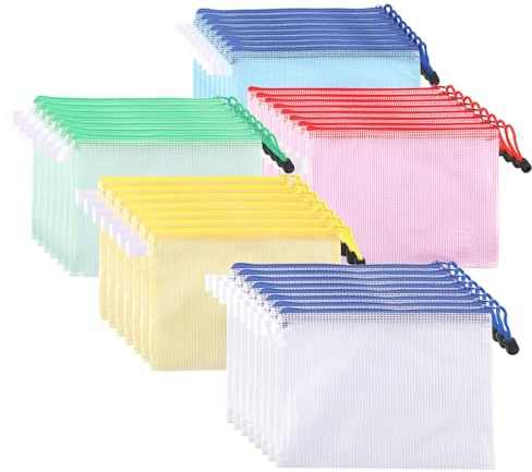 STARVAST 40 Pièces Pochette Document Zippée A5, Document Dossier Pochette PVC Zip, Étanche Sac Plastique Zip, Mesh Zipper Pouch Document Pour Stockage Document Organisation, 5 Couleurs