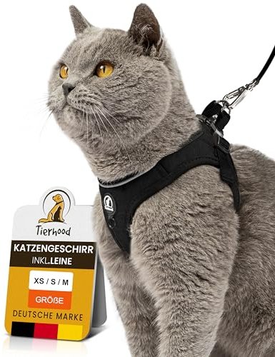 Tierhood - Katzengeschirr Set mit Leine für kontrollierte Freiheit - Softgeschirr - Komfortabel, Einstellbar & Robust - Geschirr für aktive Katzen (Schwarz, Größe M)