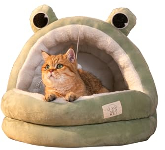 Galatée Süßes Katzenbett, Innenkatze Bett Mit Abnehmbarem Kissen, Haustier-Plüsch-Zelthaus, Cartoon-Ohr-Design, Haustierbett Mit Hängendem Plüschball, Super Weiches Haustiersofa Bett(M, Grün)