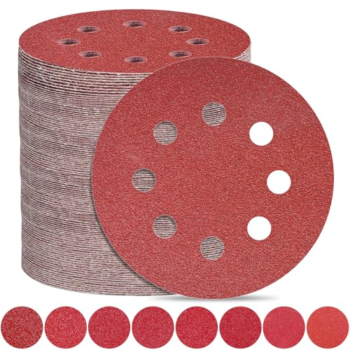 120 Stück Schleifpapier 125mm Klett Mit Körnung 40/60/80/120/180/240/400/600 Schleifscheiben Rund 8 Loch für Exzenterschleifer
