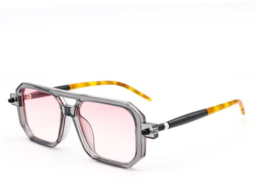 LJCZKA Retro 70-tals fyrkantiga solglasögon för kvinnor och män, klassiska pilotglasögon, platta kvadratiska med dubbel bro, UV400 skydd, Grå/färggradient rosa