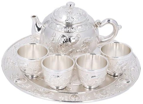 Dekaim Teeservice aus Zinklegierung, Rostfrei, Hochtemperaturbeständig, Galvanisierte Vintage-Teekanne Und Tassen-Set Mit Teetablett, Silber