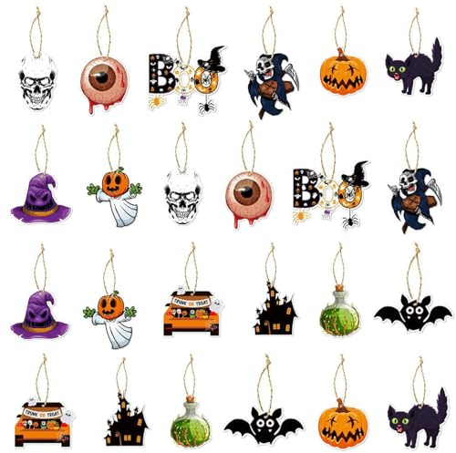 24 Pieces Halloween Tree Decorations, Halloween Hanging Ornaments Pumpkin Ghost Skull Eyeball Hat Cat Owl Bats Ornaments Farmhouse Halloween Tree Ornaments Home Courtyard Tree Decor