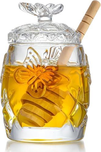 H&D HYALINE & DORA Clear Crystal Honey Jar with Dipper and Lid, Honey Bee Pot, 4.5oz Glass Honey Pot for Home Kitchen
